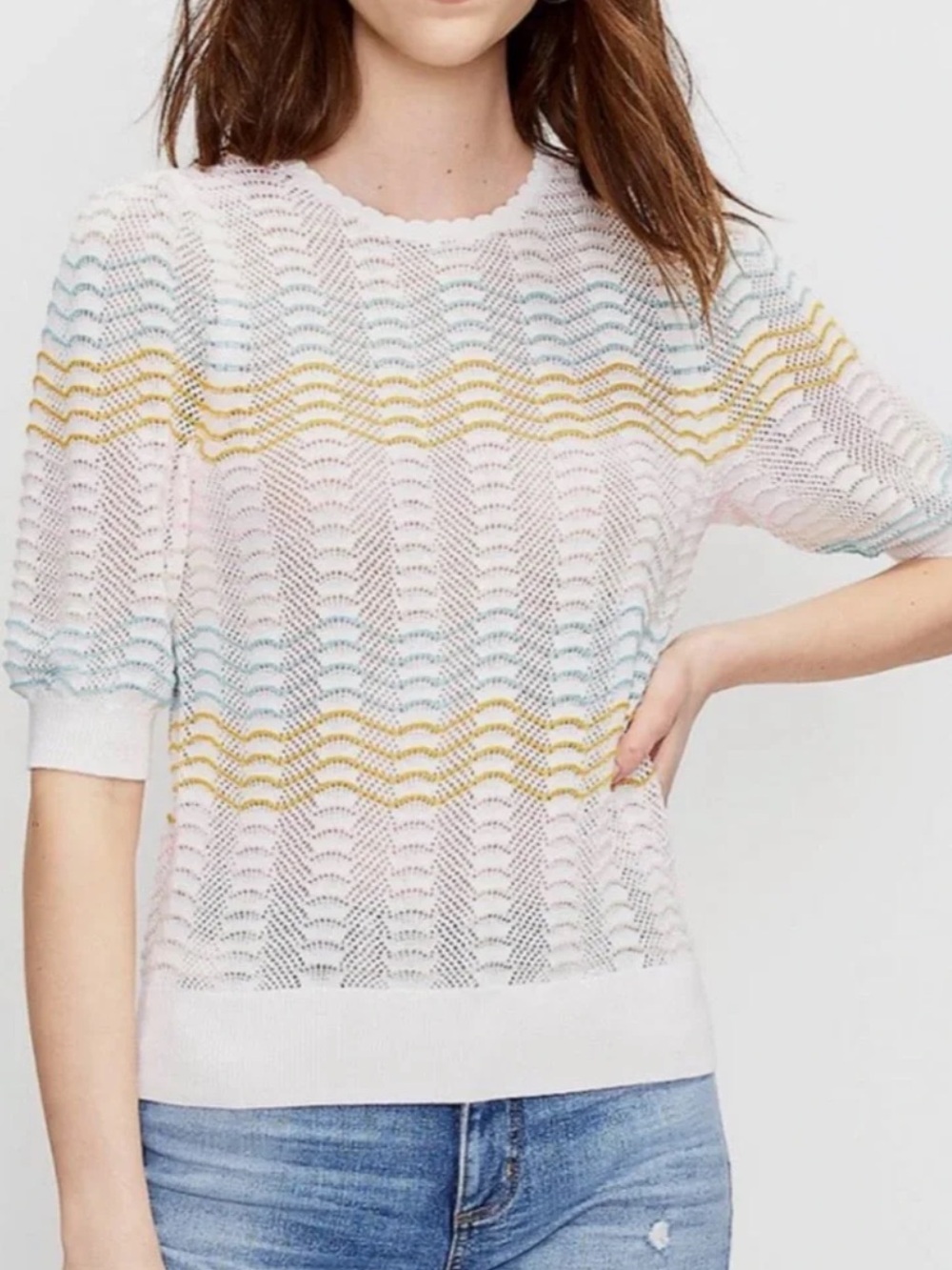Loft Pointelle Knit Sweater Pastel scallop Large